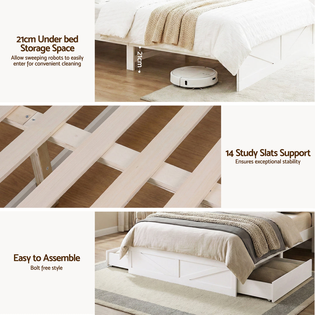 Bed with under-bed storage space and study slats, featuring a robot vacuum cleaner.