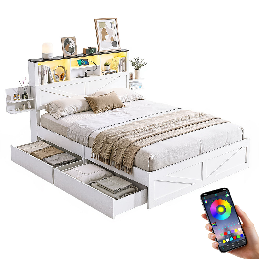 White bed with storage drawers and smartphone control for LED lights on a white background