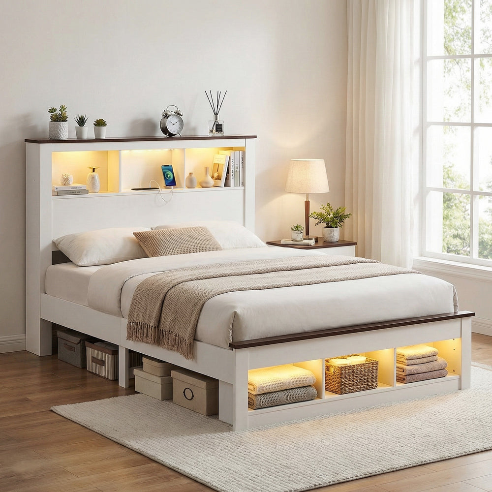 Lymes White Queen Bed Frame | RGB LED, 6-Compartment Bookcase Headboard & USB Charging | Greenora Living Australia