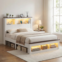 Lymes White Queen Bed Frame | RGB LED, 6-Compartment Bookcase Headboard & USB Charging | Greenora Living Australia