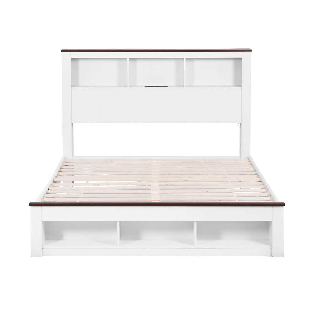 Lymes White Queen Bed Frame – 6-Compartment Bookcase Headboard, RGB LED & Built-In Charging Station | 300kg - Greenora Living