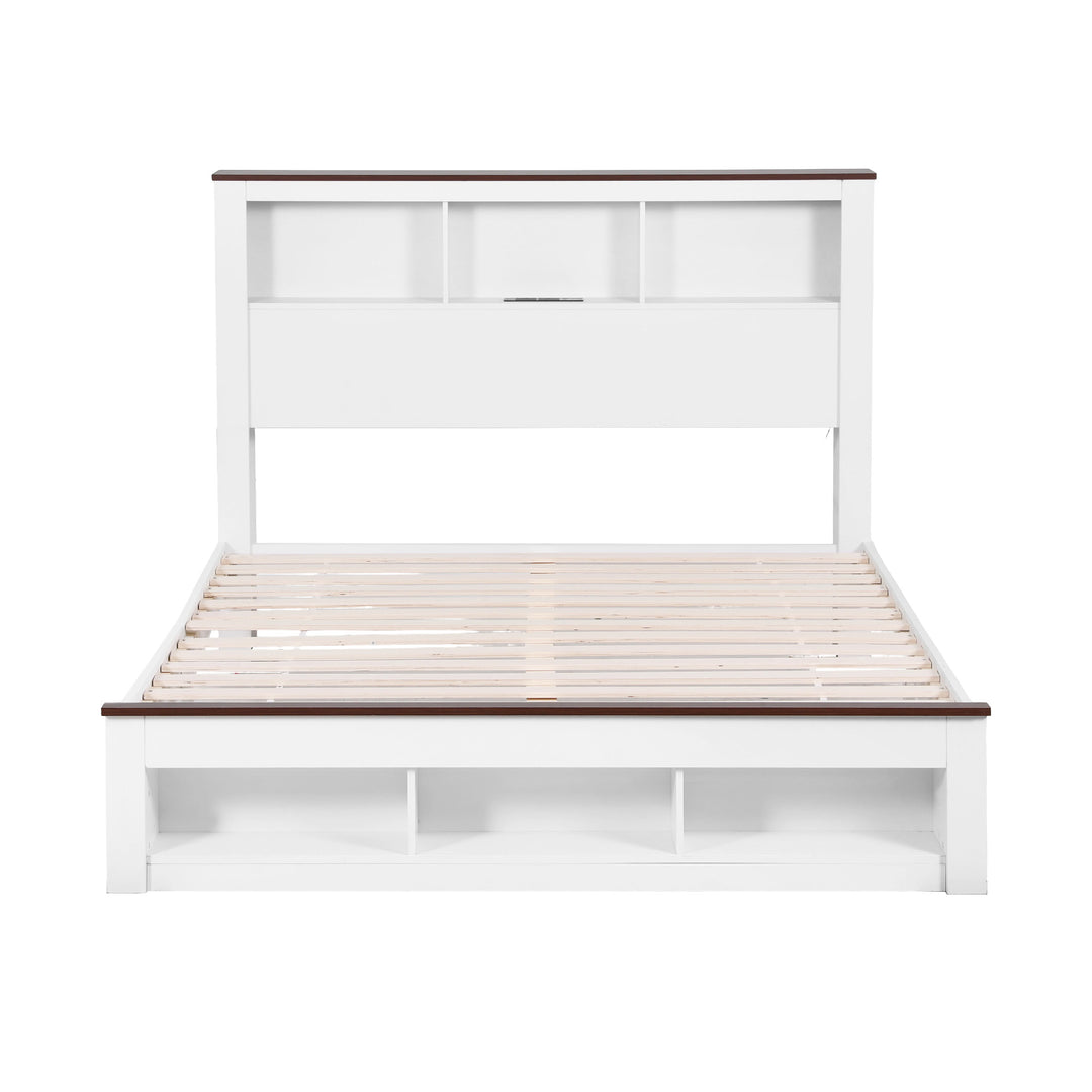 Lymes White Queen Bed Frame – 6-Compartment Bookcase Headboard, RGB LED &amp; Built-In Charging Station | 300kg - Greenora Living