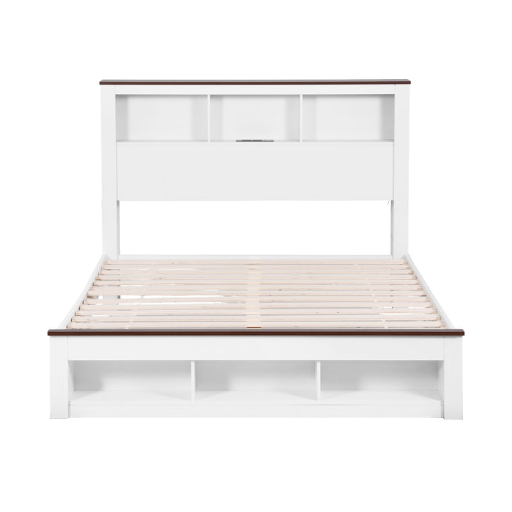 Lymes White Queen Bed Frame – 6-Compartment Bookcase Headboard, RGB LED &amp; Built-In Charging Station | 300kg - Greenora Living