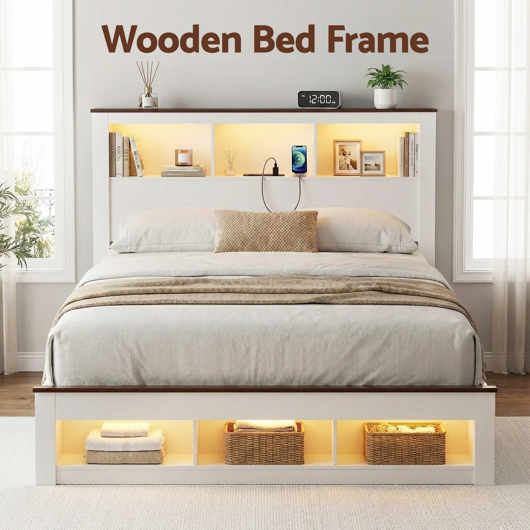 Lymes White Queen Bed Frame – 6-Compartment Bookcase Headboard, RGB LED &amp; Built-In Charging Station | 300kg - Greenora Living