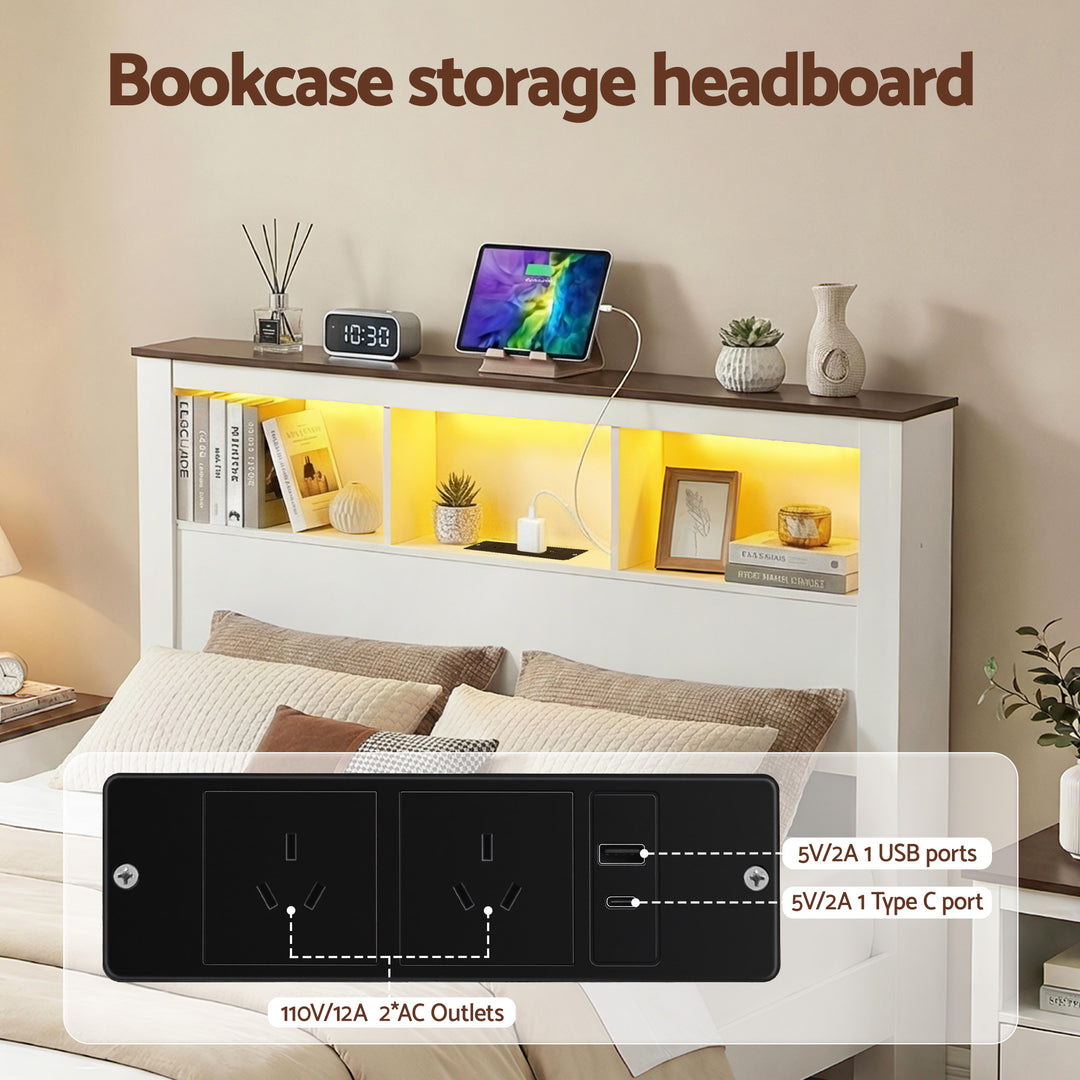 Lymes White Queen Bed Frame – 6-Compartment Bookcase Headboard, RGB LED &amp; Built-In Charging Station | 300kg - Greenora Living