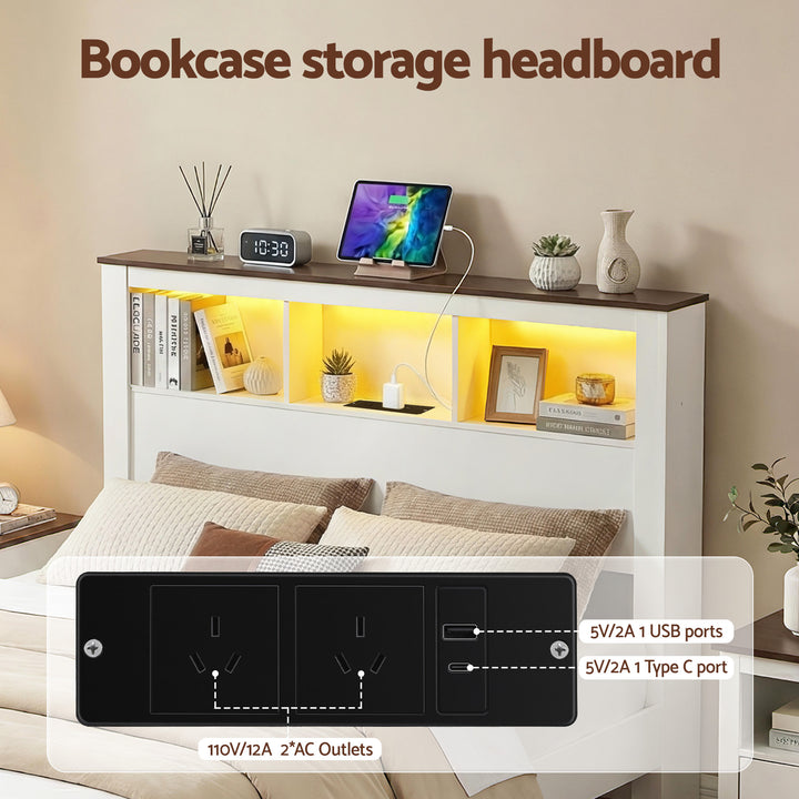 Lymes White Queen Bed Frame – 6-Compartment Bookcase Headboard, RGB LED &amp; Built-In Charging Station | 300kg - Greenora Living