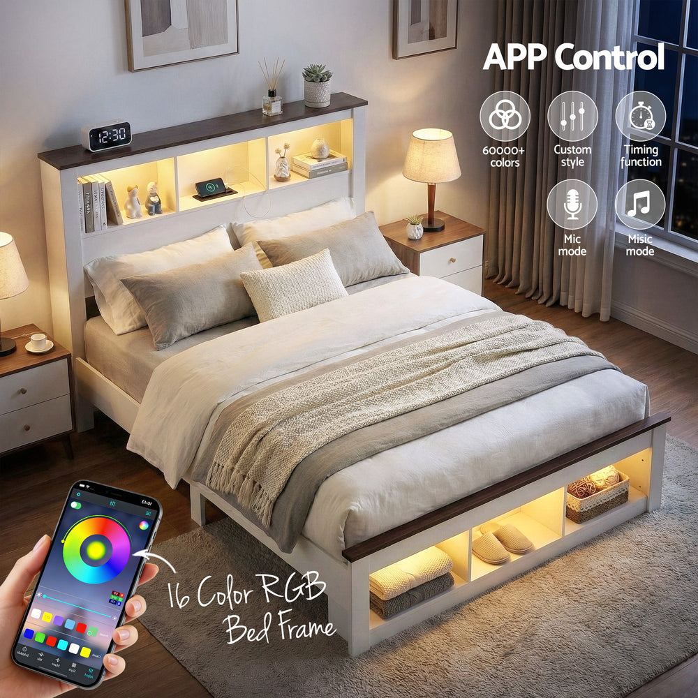 Lymes White Queen Bed Frame | RGB LED, 6-Compartment Bookcase Headboard & USB Charging | Greenora Living Australia