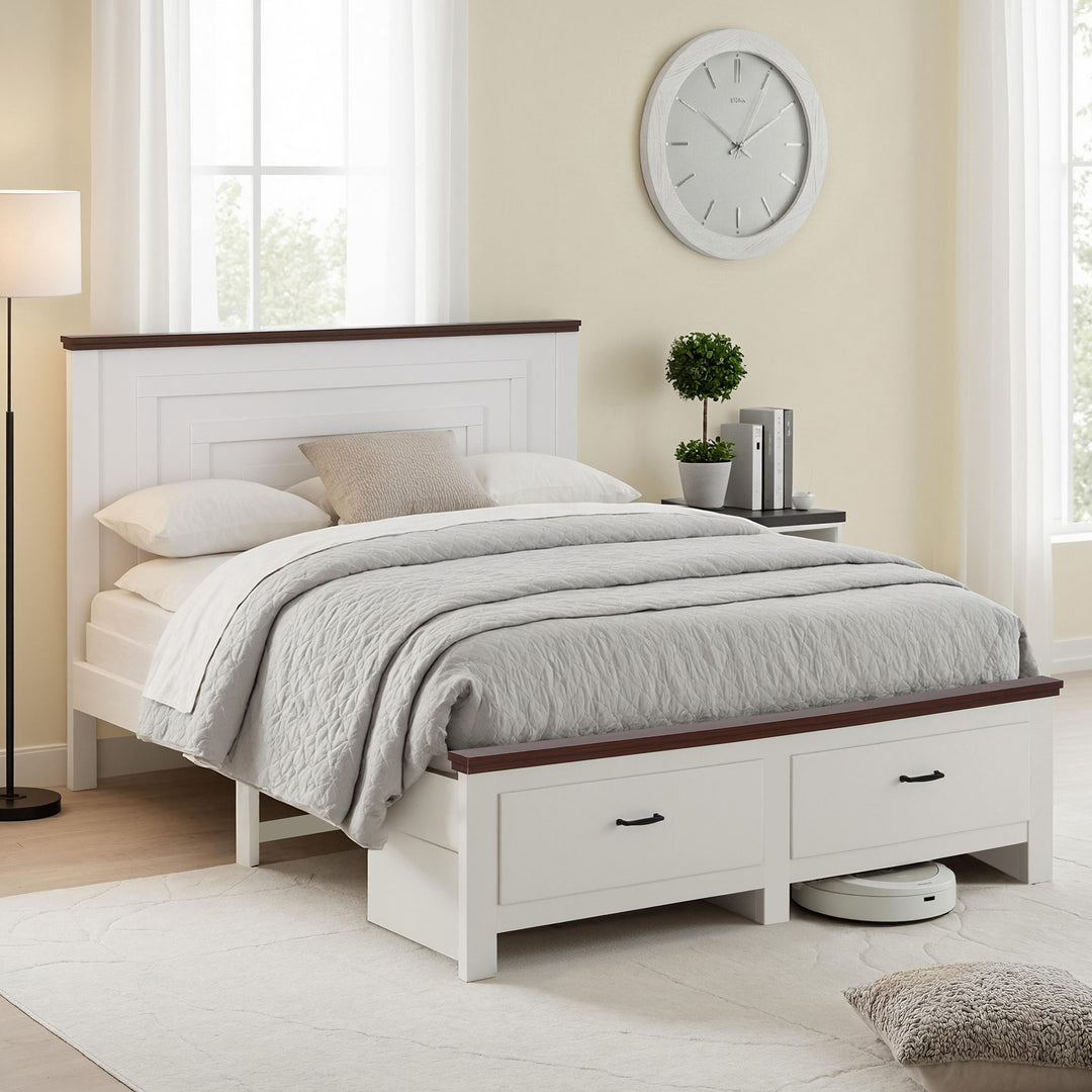 Solano White Queen Bed Frame – 108cm Headboard, 2 Storage Drawers & 14 Slats | 300kg Capacity - Greenora Living