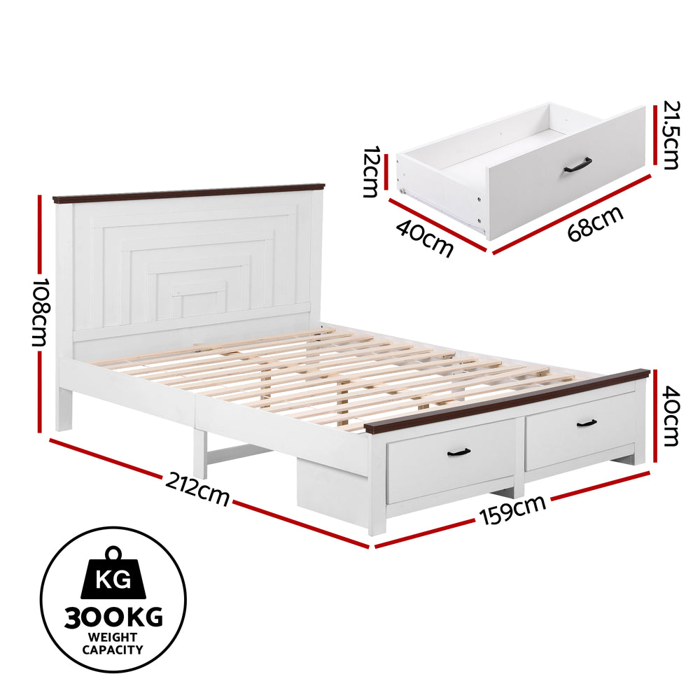Solano White Queen Bed Frame – 108cm Headboard, 2 Storage Drawers & 14 Slats | 300kg Capacity - Greenora Living