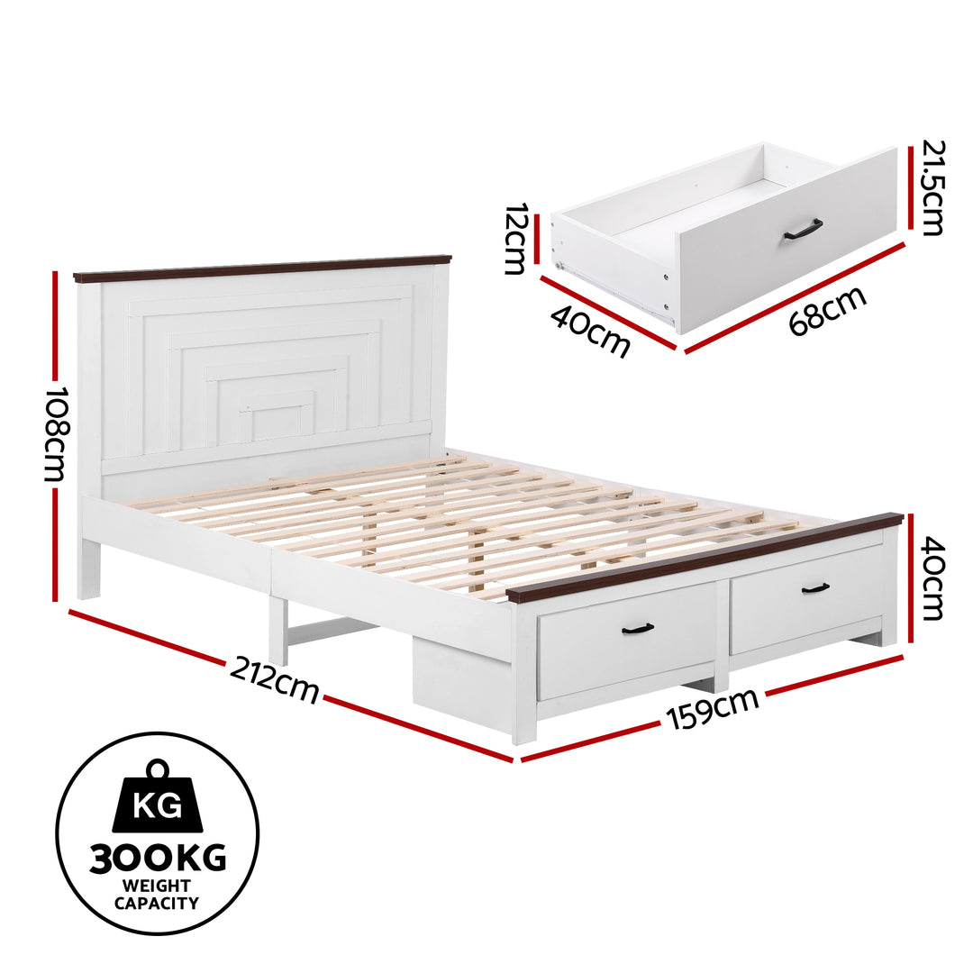 Solano White Queen Bed Frame – 108cm Headboard, 2 Storage Drawers &amp; 14 Slats | 300kg Capacity - Greenora Living