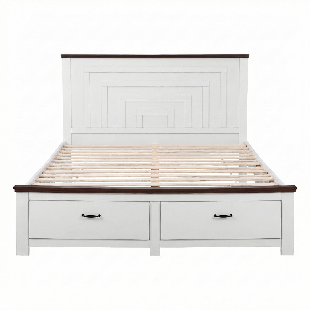 Solano White Queen Bed Frame – 108cm Headboard, 2 Storage Drawers &amp; 14 Slats | 300kg Capacity - Greenora Living