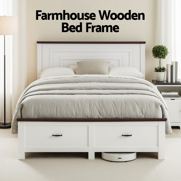 Solano White Queen Bed Frame – 108cm Headboard, 2 Storage Drawers &amp; 14 Slats | 300kg Capacity - Greenora Living