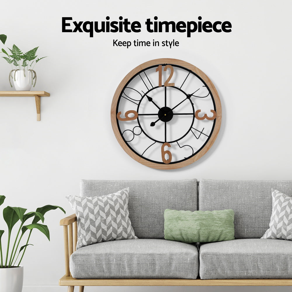 60cm Round Wall Clock – Bold Arabic Numerals Black &amp; Pine - Greenora Living