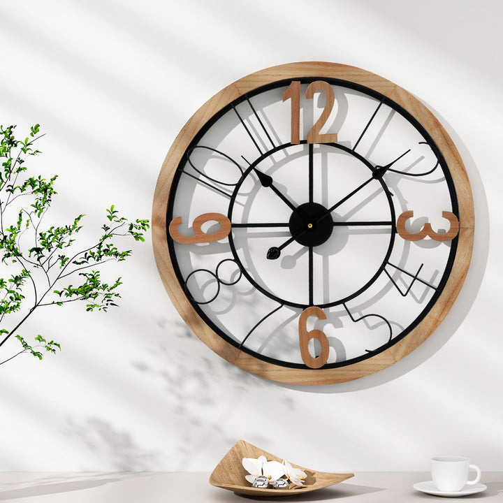 60cm Round Wall Clock – Bold Arabic Numerals Black &amp; Pine - Greenora Living