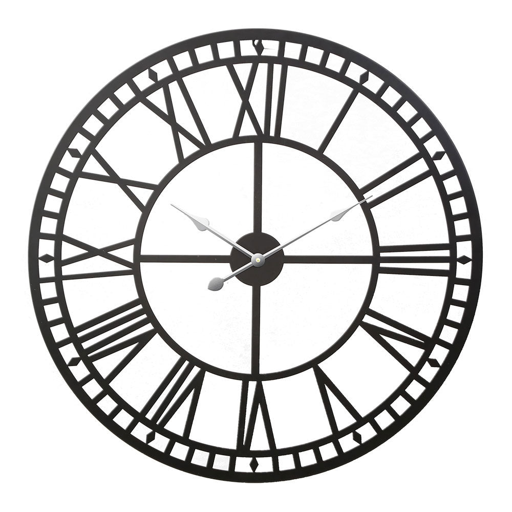 Vintage 80cm Round Wall Clock – 3D Roman Numerals Black Metal - Greenora Living