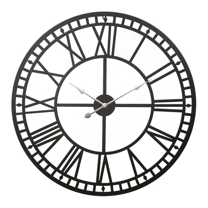 Vintage 80cm Round Wall Clock – 3D Roman Numerals Black Metal - Greenora Living