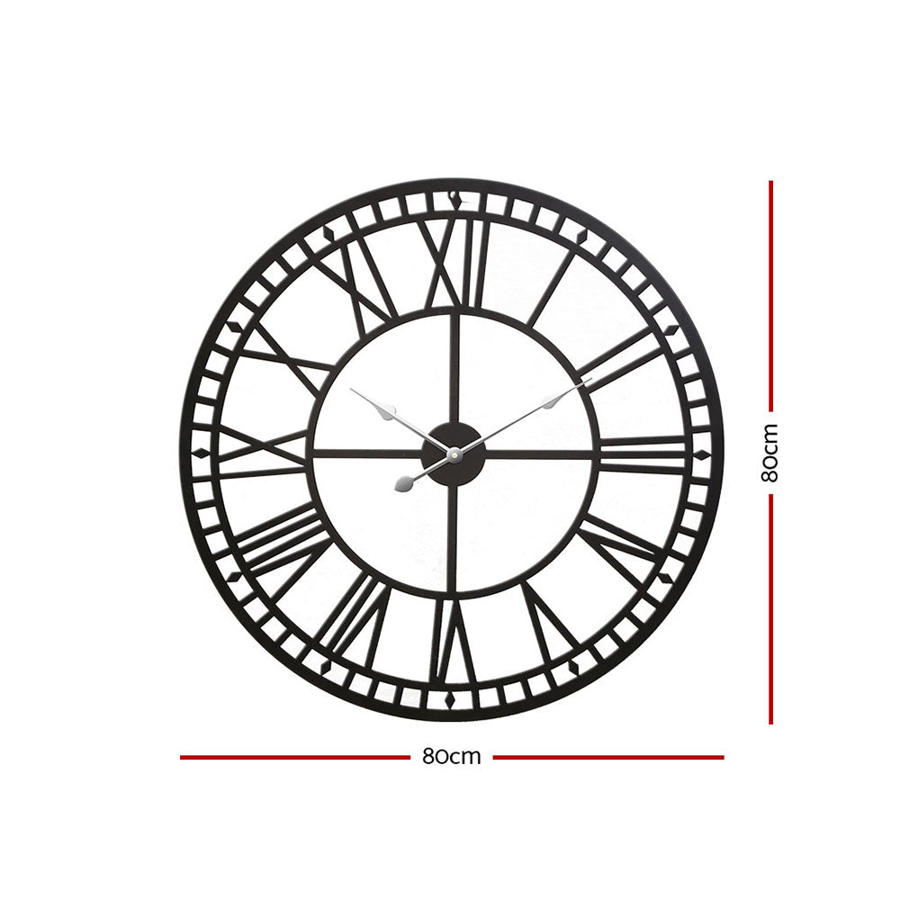 Vintage 80cm Round Wall Clock – 3D Roman Numerals Black Metal - Greenora Living
