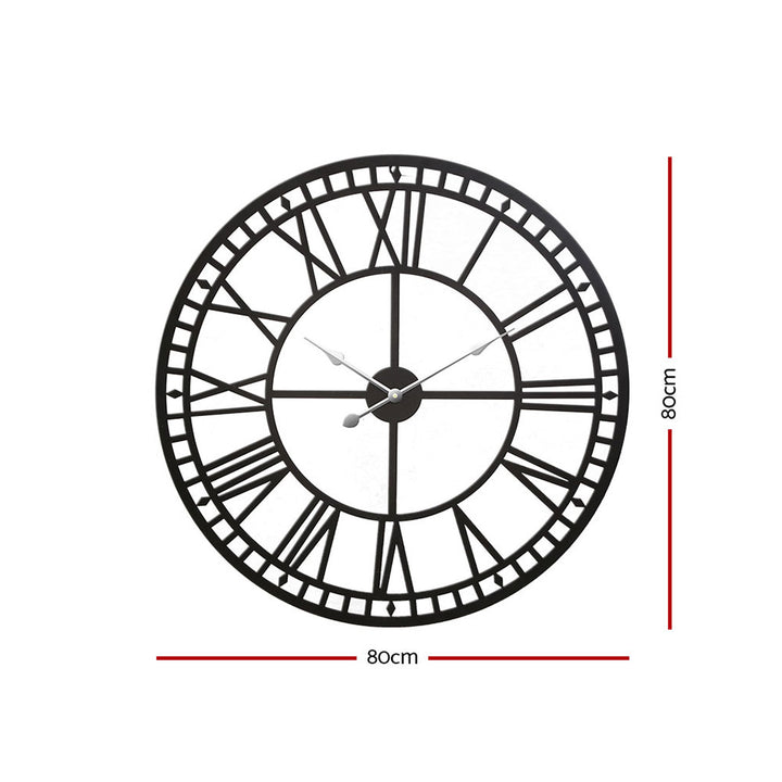 Vintage 80cm Round Wall Clock – 3D Roman Numerals Black Metal - Greenora Living