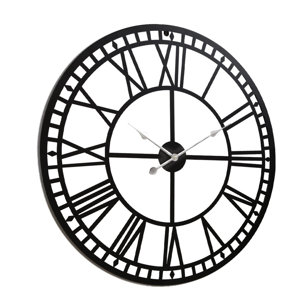 Vintage 80cm Round Wall Clock – 3D Roman Numerals Black Metal - Greenora Living