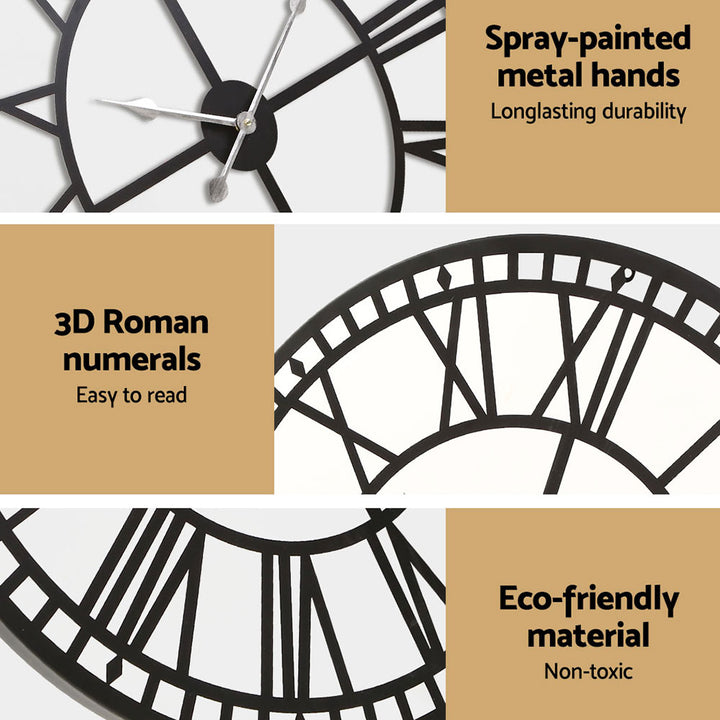 Vintage 80cm Round Wall Clock – 3D Roman Numerals Black Metal - Greenora Living