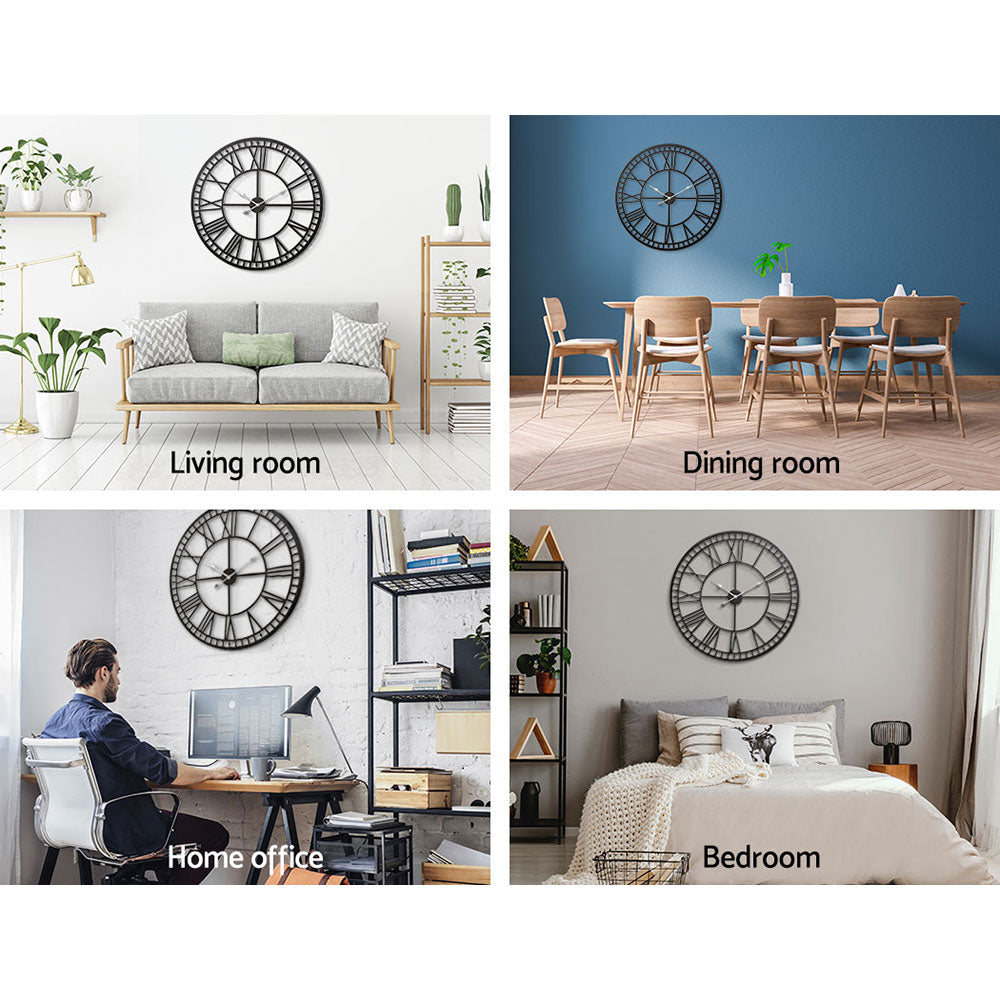 Vintage 80cm Round Wall Clock – 3D Roman Numerals Black Metal - Greenora Living