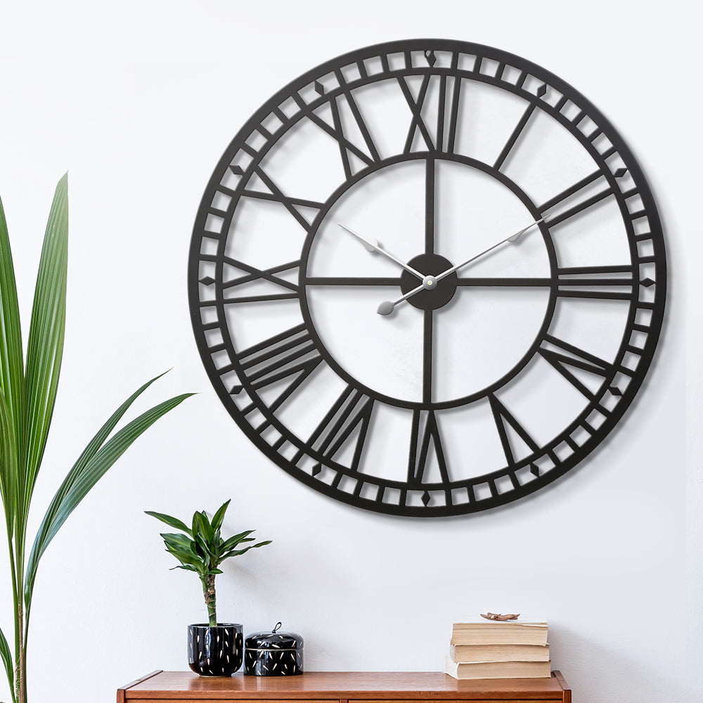 Vintage 80cm Round Wall Clock – 3D Roman Numerals Black Metal - Greenora Living