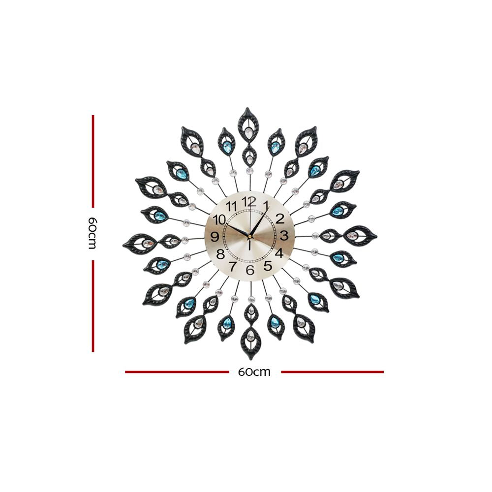60cm Peacock Crystal Wall Clock – Arabic Numerals Silver Metal - Greenora Living