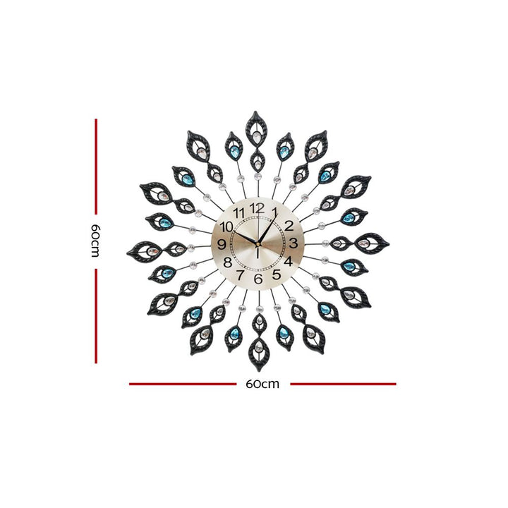 60cm Peacock Crystal Wall Clock – Arabic Numerals Silver Metal - Greenora Living