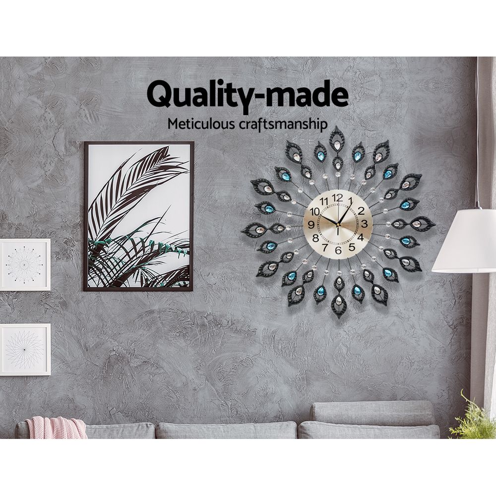 60cm Peacock Crystal Wall Clock – Arabic Numerals Silver Metal - Greenora Living