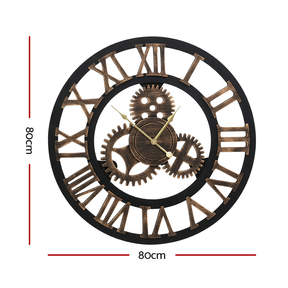 80cm Steampunk Wall Clock – Cogwheel Design Roman Numerals Brown - Greenora Living