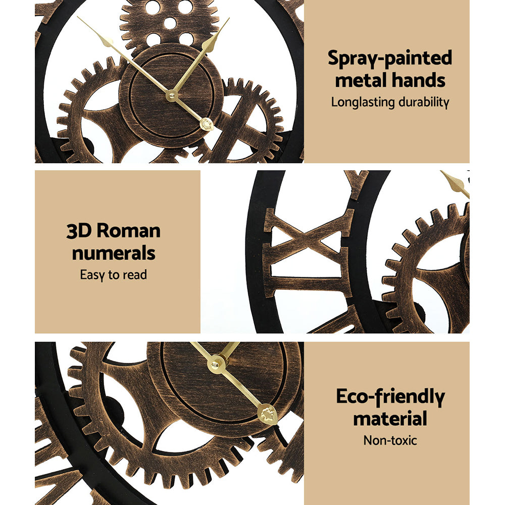 80cm Steampunk Wall Clock – Cogwheel Design Roman Numerals Brown - Greenora Living
