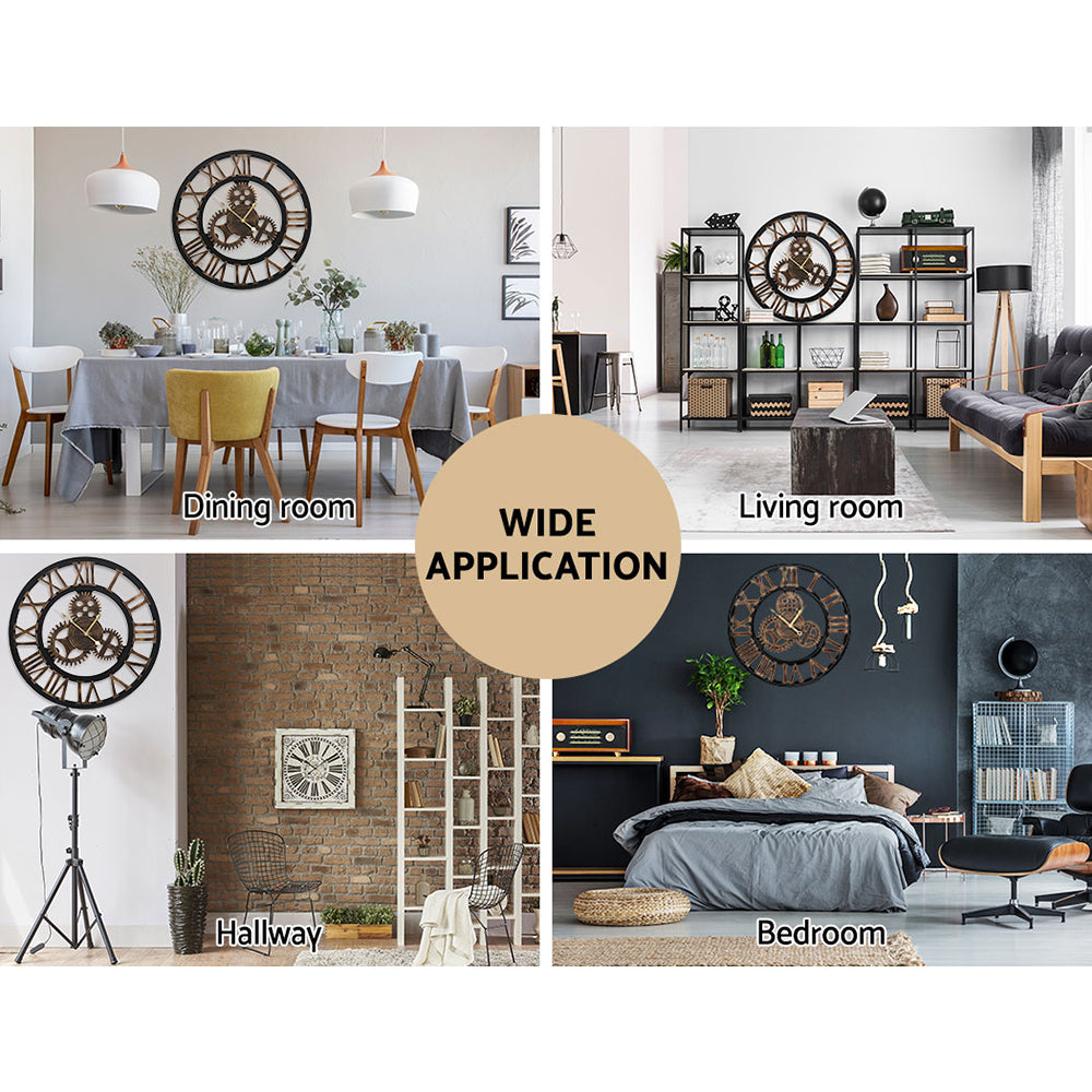 80cm Steampunk Wall Clock – Cogwheel Design Roman Numerals Brown - Greenora Living