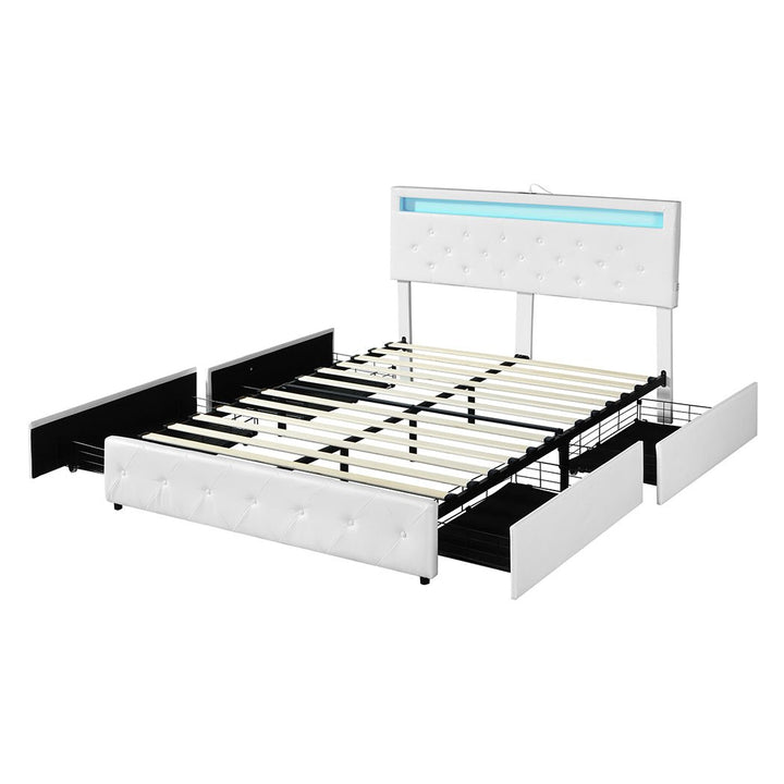 Crest Double Bed Frame | White PU Leather, RGB LED, 4 Storage Drawers &amp; USB Charging | Greenora Living Australia