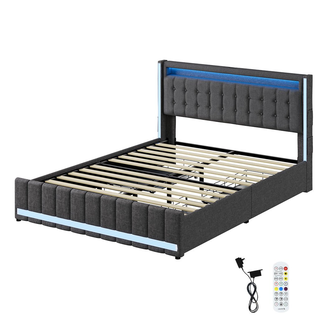 Haven Double Bed Frame | Grey Linen, RGB LED, 4 Storage Drawers &amp; USB Charging | Greenora Living Australia