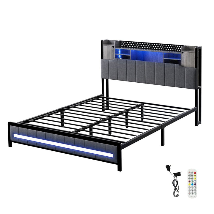 Aria Queen Bed Frame | Grey Linen | Storage Headboard &amp; RGB LED | Greenora Living Australia