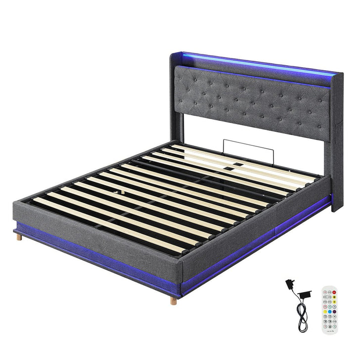 Nova Queen Bed Frame | Gas Lift Under-Bed Storage, LED Headboard, USB Charging &amp; Side Pocket | Greenora Living Australia