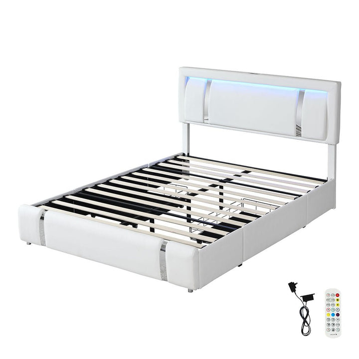 Aurora Double Bed Frame | PU Leather, RGB LED, 2 Storage Drawers &amp; USB Charging | Greenora Living Australia