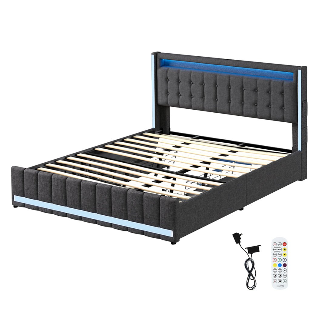 Haven King Bed Frame | Grey Linen, RGB LED, 4 Storage Drawers &amp; USB Charging | Greenora Living Australia