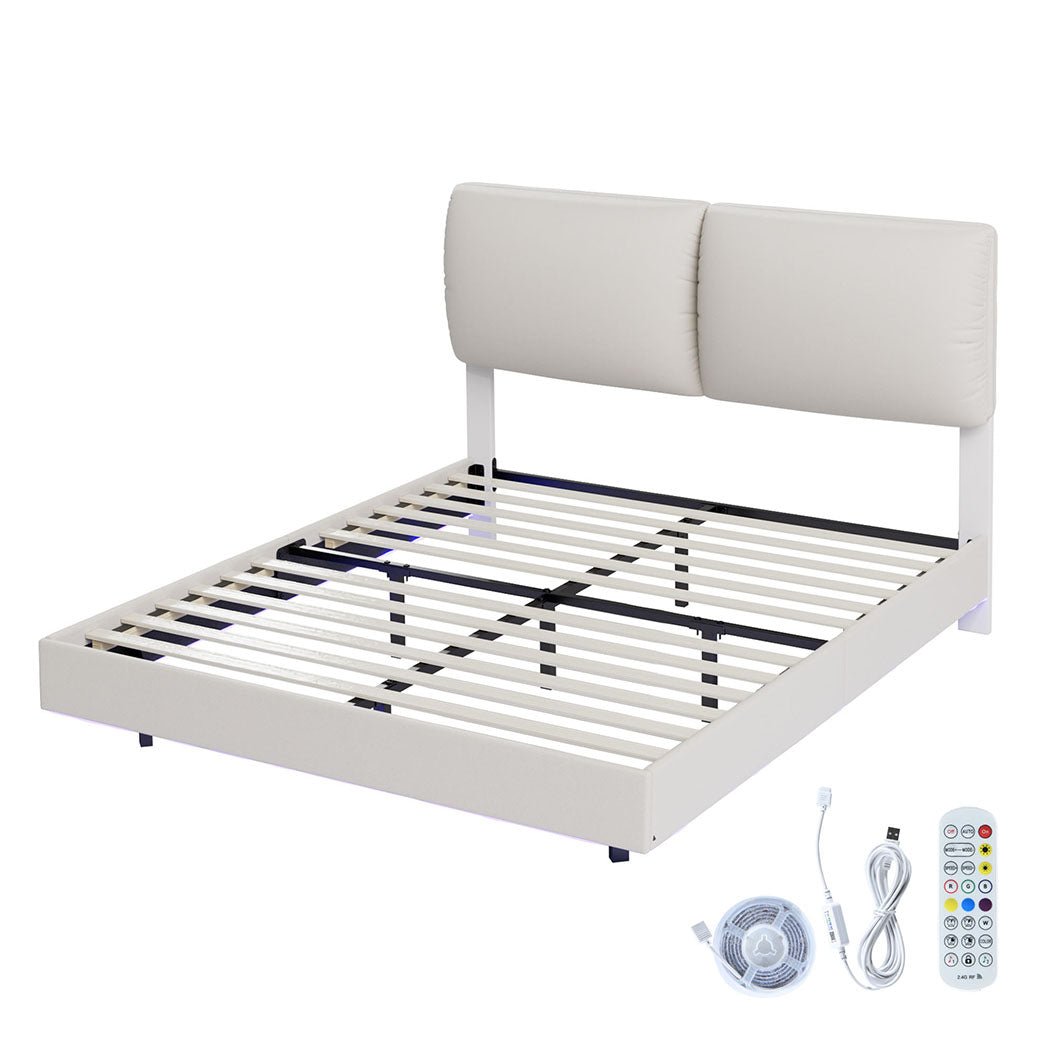 Luna Queen Floating Bed Frame | RGB LED, Tech Fabric, Adjustable Headboard &amp; 300kg Capacity | Greenora Living Australia
