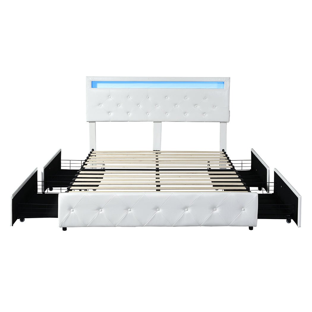 Crest Double Bed Frame | White PU Leather, RGB LED, 4 Storage Drawers &amp; USB Charging | Greenora Living Australia