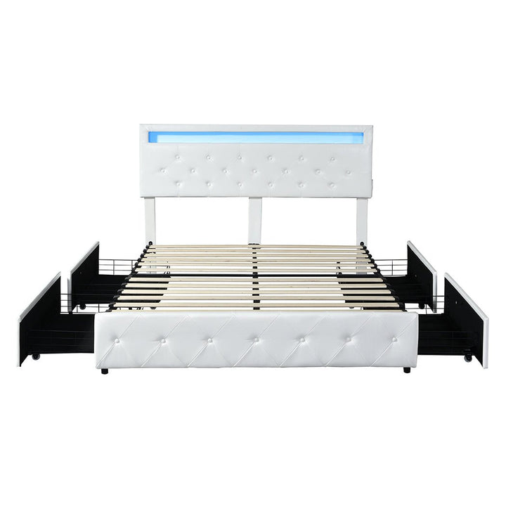 Crest Double Bed Frame | White PU Leather, RGB LED, 4 Storage Drawers &amp; USB Charging | Greenora Living Australia