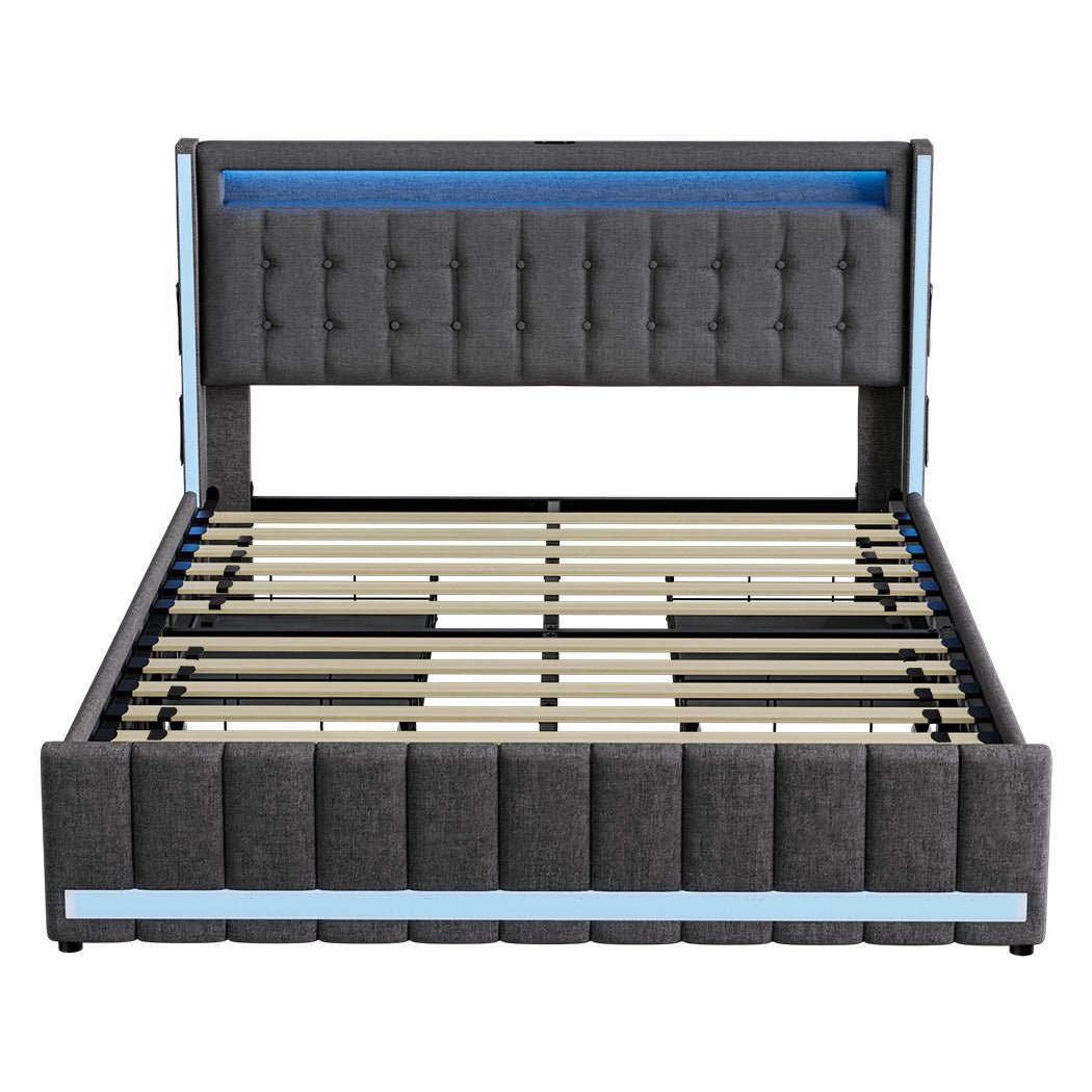 Haven Queen Bed Frame | Grey Linen, RGB LED, 4 Storage Drawers &amp; USB Charging | Greenora Living Australia