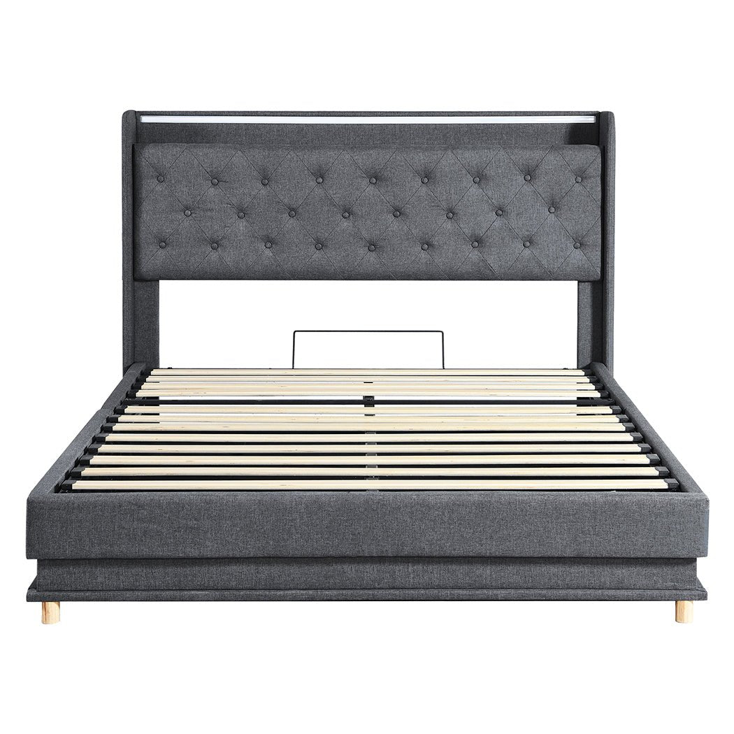 Nova Queen Bed Frame | Gas Lift Under-Bed Storage, LED Headboard, USB Charging &amp; Side Pocket | Greenora Living Australia