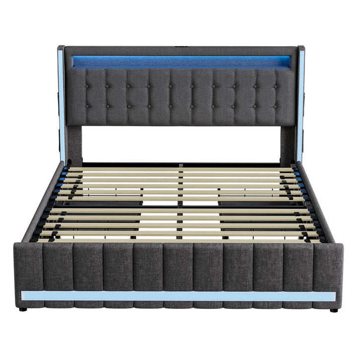 Haven Double Bed Frame | Grey Linen, RGB LED, 4 Storage Drawers &amp; USB Charging | Greenora Living Australia