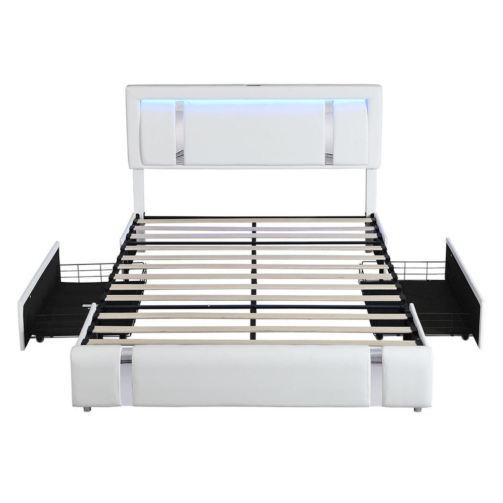 Aurora Double Bed Frame | PU Leather, RGB LED, 2 Storage Drawers & USB Charging | Greenora Living Australia