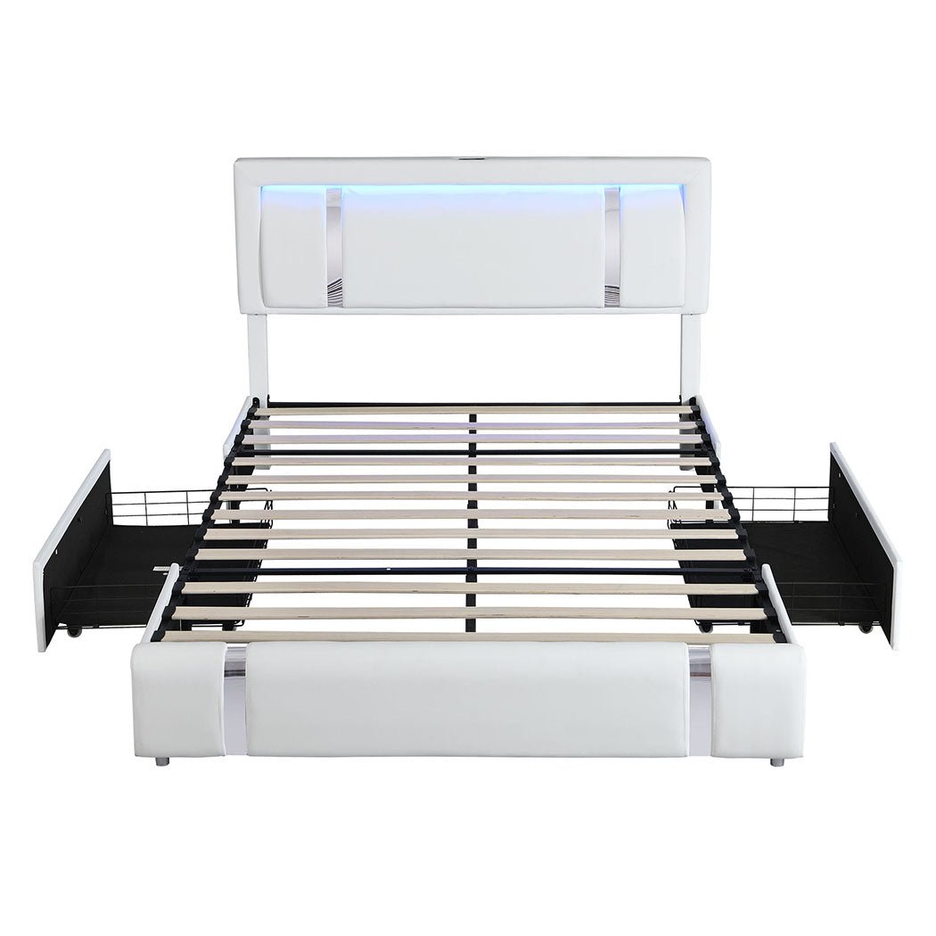 Aurora Double Bed Frame | PU Leather, RGB LED, 2 Storage Drawers &amp; USB Charging | Greenora Living Australia