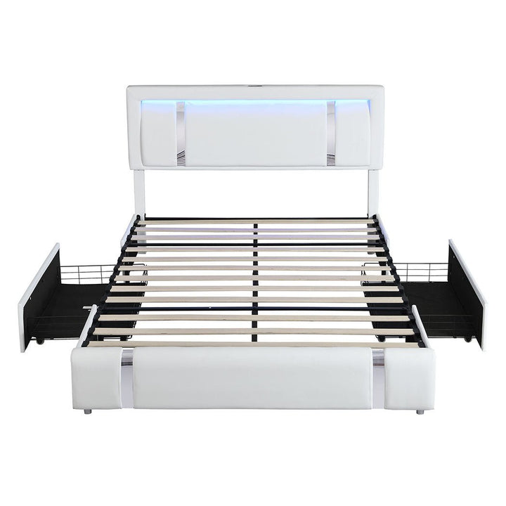 Aurora Double Bed Frame | PU Leather, RGB LED, 2 Storage Drawers &amp; USB Charging | Greenora Living Australia