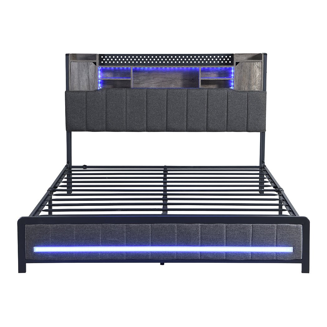 Aria Queen Bed Frame | Grey Linen | Storage Headboard &amp; RGB LED | Greenora Living Australia