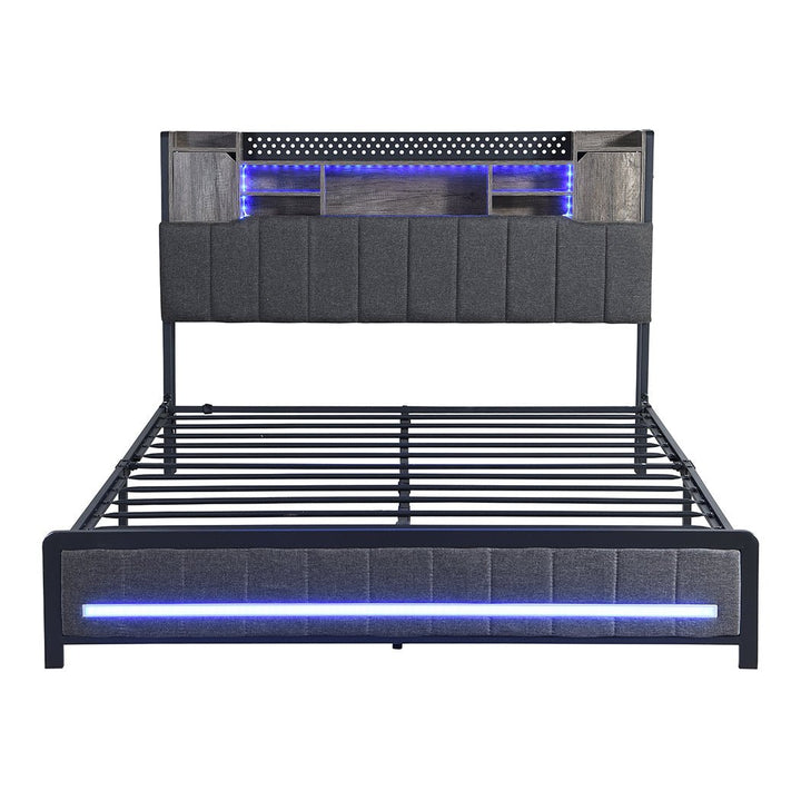 Aria Queen Bed Frame | Grey Linen | Storage Headboard &amp; RGB LED | Greenora Living Australia