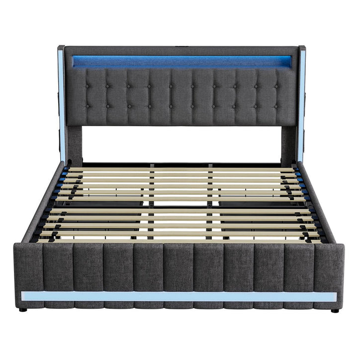 Haven King Bed Frame | Grey Linen, RGB LED, 4 Storage Drawers &amp; USB Charging | Greenora Living Australia